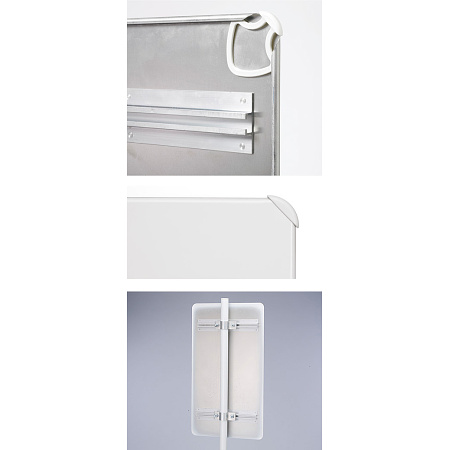 ■周囲がカールになり安全性が向上。裏面の4コーナーにも樹脂パーツが付いています。アルミ板標識裏面の平リブ金具に写真の様に標識を取り付けます。