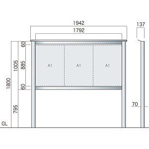 保護板(ガラス)なし 屋外用簡易・自立型アルミ掲示板 SBD-1810(幅1942mm) シルバーつや消し (SBD-1810(S))