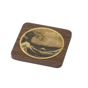 真鍮・浮世絵コースター(木台付)四角(ウォールナット)神  (W16270)