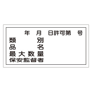 危険物標識 硬質エンビ 横書き 300×600×1mm 表示:類別・許可第○号 (054030)