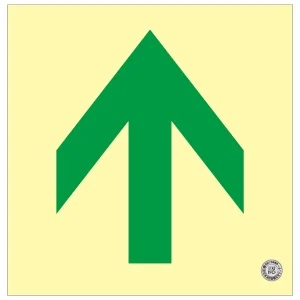 避難誘導標識 中輝度蓄光式床用誘導標識 (認定証票付) 非常口 300mm角 表示:矢印のみ 黄地 (070016)