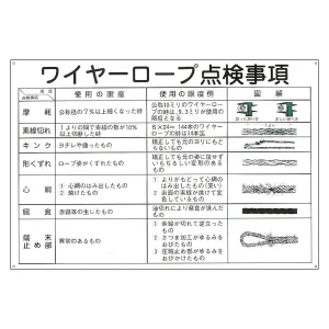 玉掛ワイヤーロープ標識 600×900×1mm 表記:ワイヤーロープ点検事項 (084104)