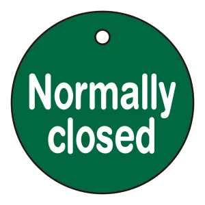 バルブ開閉札 50mm丸 両面印刷 表記:Nomally closed (151130)