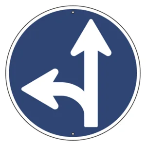 道路標識(構内用) スチール製 600mmΦ 上下穴タイプ 指定方向外進行禁止(直進・左折可) (416631)