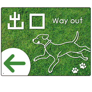 ペット施設向け グリーンフィールド風案内板 オリジナルプレート看板 出口/左矢印 W600×H450 エコユニボード(SP-SMD799BL-60x45U)