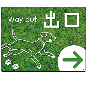 ペット施設向け グリーンフィールド風案内板 オリジナルプレート看板 出口/右矢印 W600×H450 エコユニボード(SP-SMD799BR-60x45U)