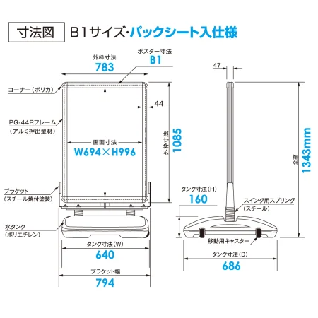 ■寸法図：B1／パックシート入仕様