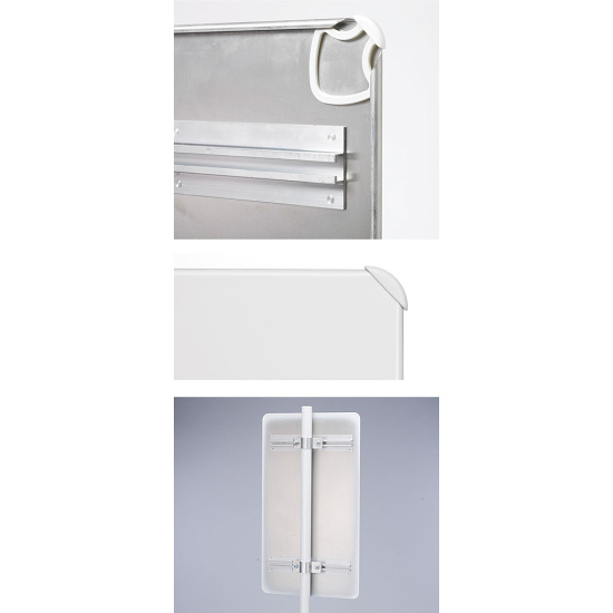 ■周囲がカールになり安全性が向上。裏面の4コーナーにも樹脂パーツが付いています。アルミ板標識裏面の平リブ金具に写真の様に標識を取り付けます。