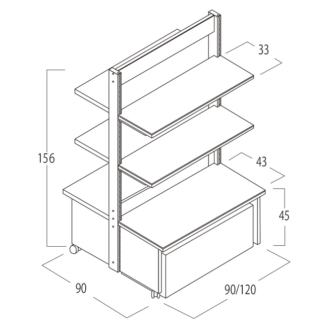 棚板：D33cm×4枚　キャスター：φ5cm(内２ヶはストッパー付き)