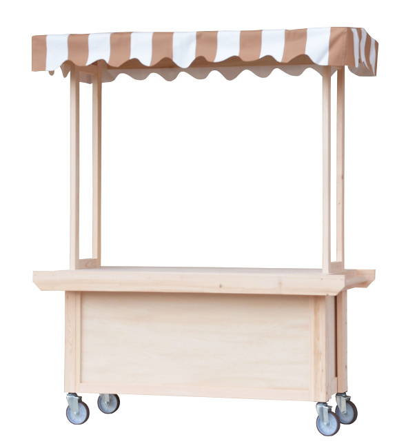 ※テーブル：約H80cm　※天板：シナ合板　※両側持ち手付き ※塗装付き可能です。お問い合わせ下さい。 ※キャスターφ12.5cm　４輪ストッパー付き ■ テント：ブルー/ベージュをご指定ください。