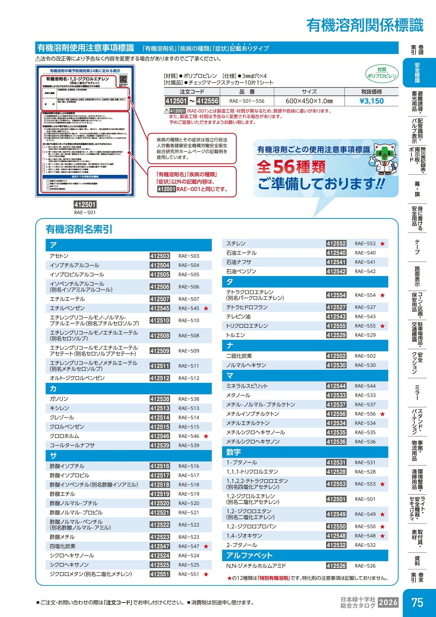 カタログ P.75-安全標識／有機溶剤関係標識