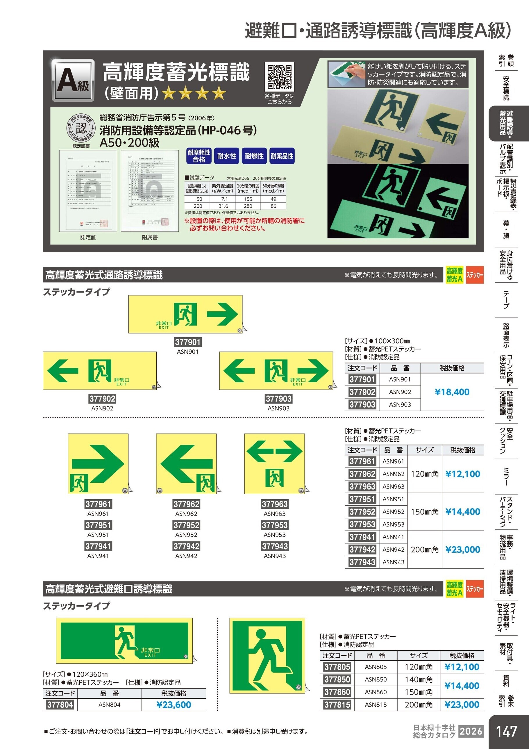 カタログ P.147-避難誘導・蓄光用品／避難口・通路誘導標識(高輝度A級)
