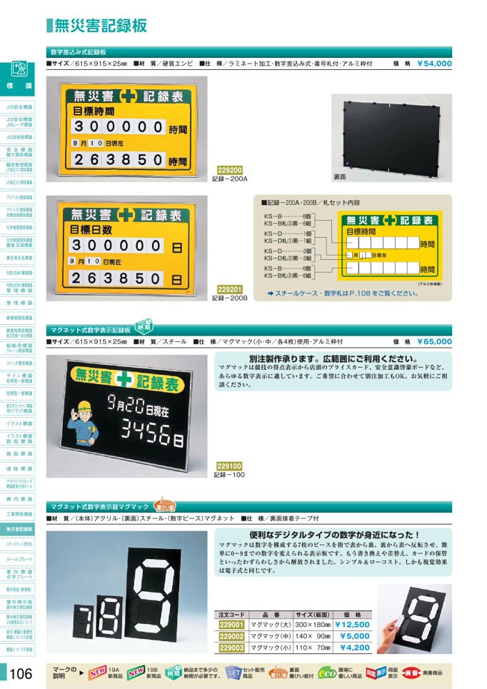 安全用品・安全標識総合カタログ 2019B P.106 - 工事関係標識板／工事関係標識板 (2)