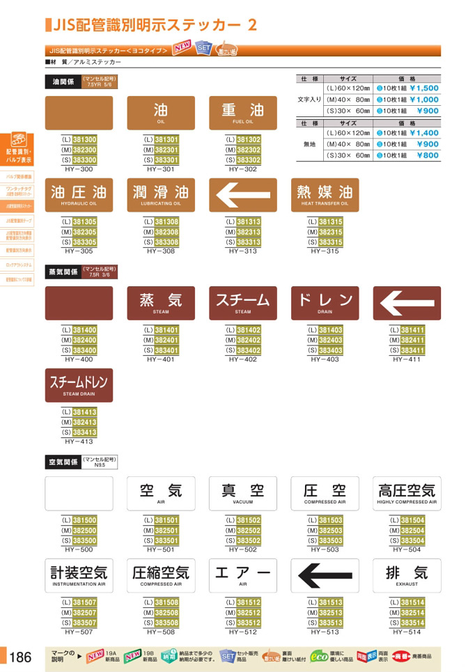 安全用品・安全標識総合カタログ 2019B P.186 - JIS配管識別明示ステッカー／JIS配管識別明示ステッカー 1 (2)