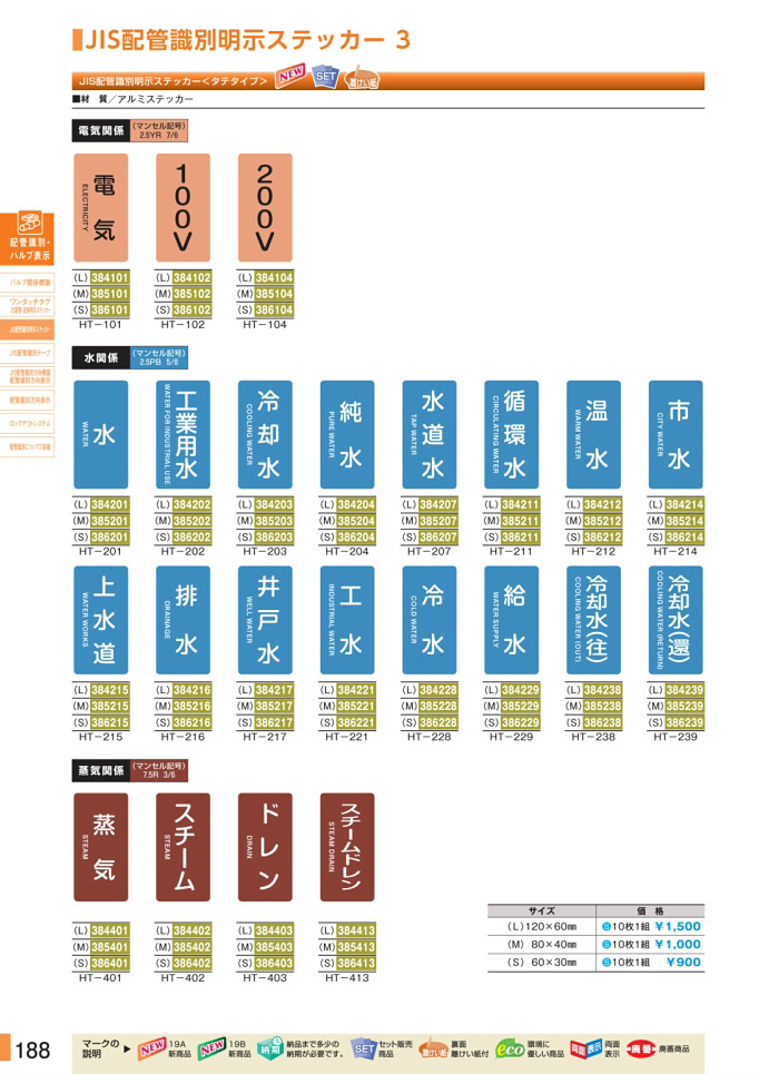 安全用品・安全標識総合カタログ 2019B P.188 - JIS配管識別明示ステッカー／JIS配管識別明示ステッカー 2 (2)