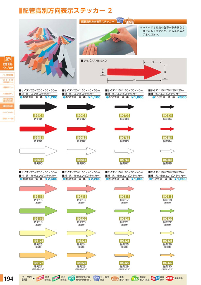 安全用品・安全標識総合カタログ 2019B P.194 - 配管識別方向表示ステッカー／配管識別方向表示ステッカー 1