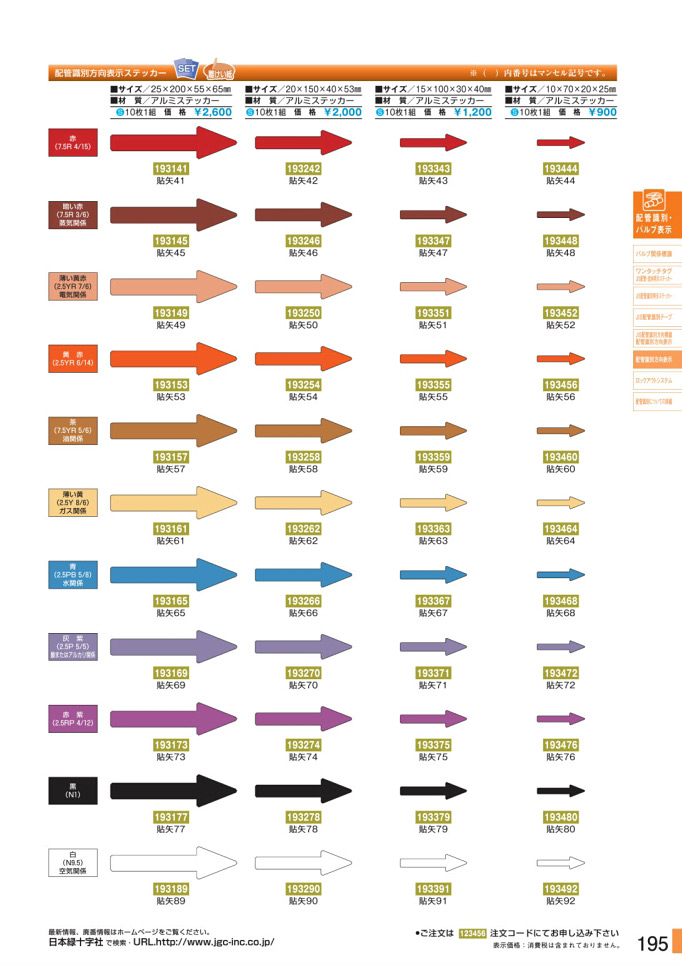 安全用品・安全標識総合カタログ 2019B P.195 - 配管識別方向表示ステッカー／配管識別方向表示ステッカー 2 (1)