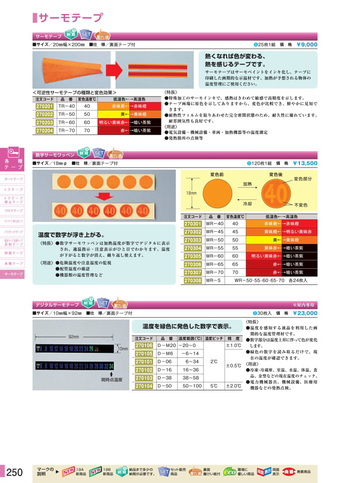 安全用品・安全標識総合カタログ 2019B P.250 - 各種テープ／各種テープ (2)